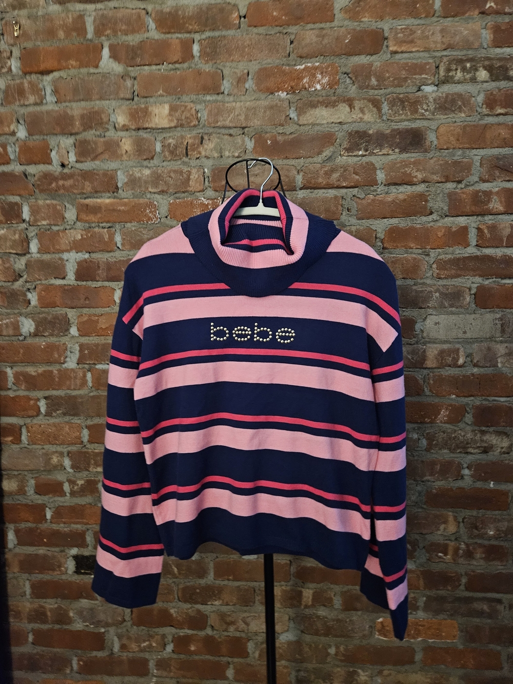 bebe Pink & Navy Striped Turtleneck Sweater with Rhinestone Logo